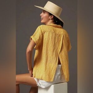 MAEVE NWOT Anthropologie Yellow White Button Down Short Sleeve Blouse Size S